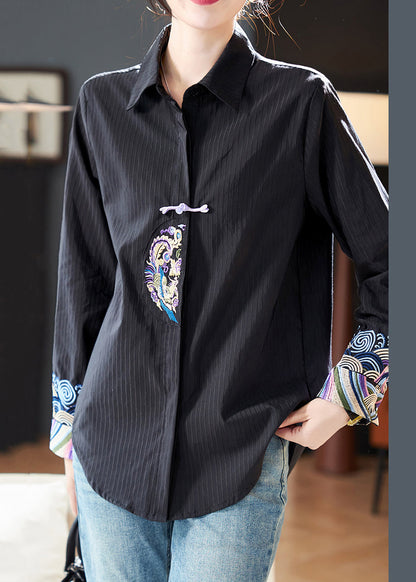 Blusas de algodón bordadas con cuello Peter Pan blanco a rayas primavera