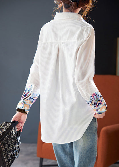 Blusas de algodón bordadas con cuello Peter Pan blanco a rayas primavera