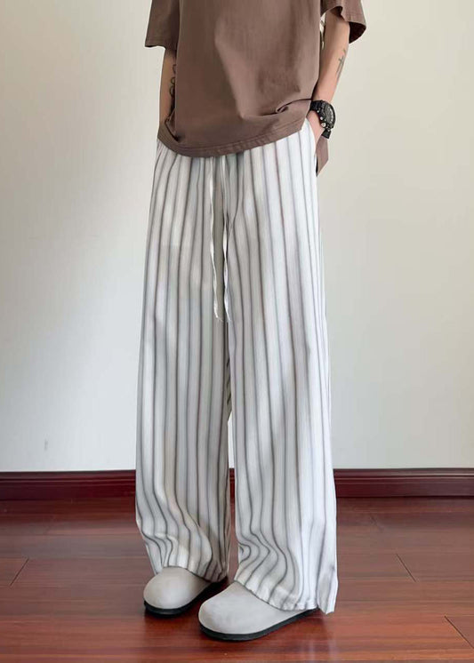 Striped White Pockets Elastic Waist Cotton Men Wide Leg Pants Summer
