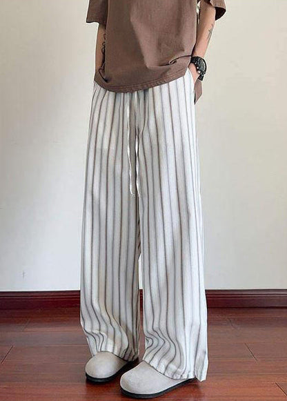Striped White Pockets Elastic Waist Cotton Men Wide Leg Pants Summer