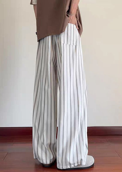 Striped White Pockets Elastic Waist Cotton Men Wide Leg Pants Summer