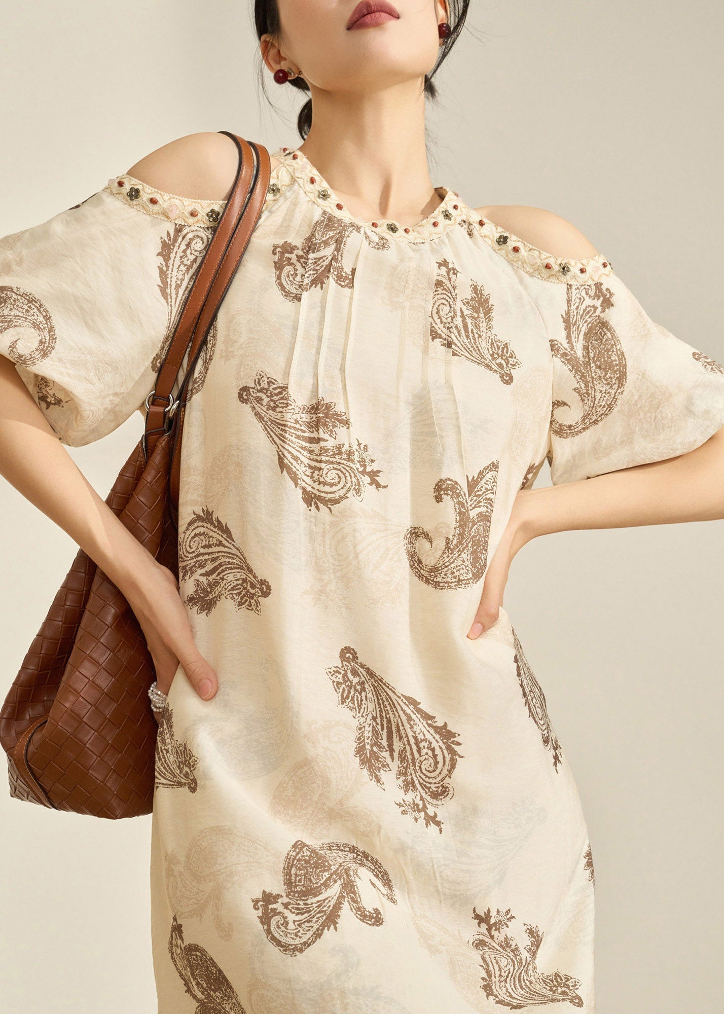 Style Apricot O-Neck Cold Shoulder Print Maxi Dress Summer