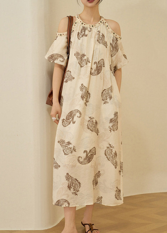 Style Apricot O-Neck Cold Shoulder Print Maxi Dress Summer