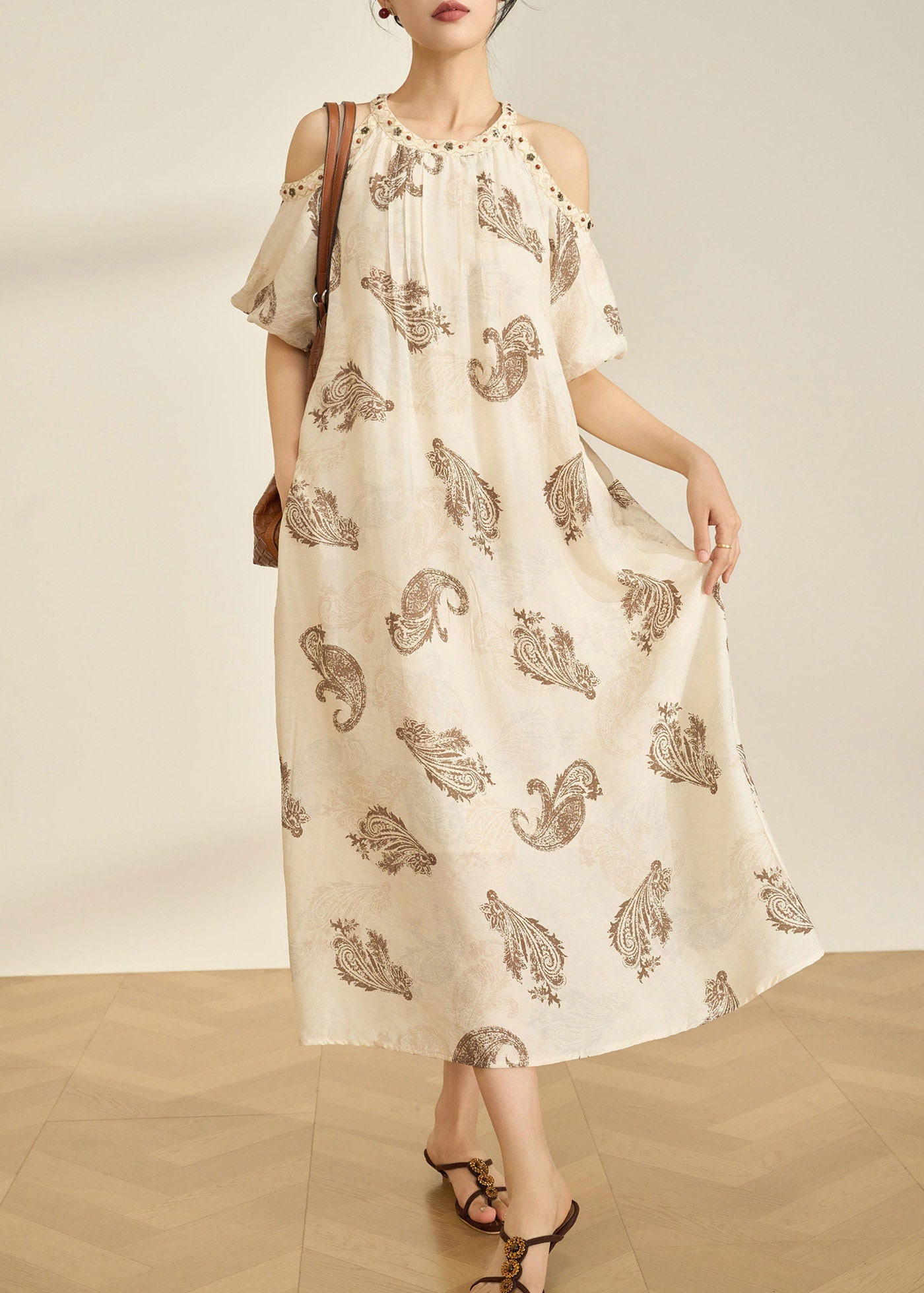 Style Apricot O-Neck Cold Shoulder Print Maxi Dress Summer