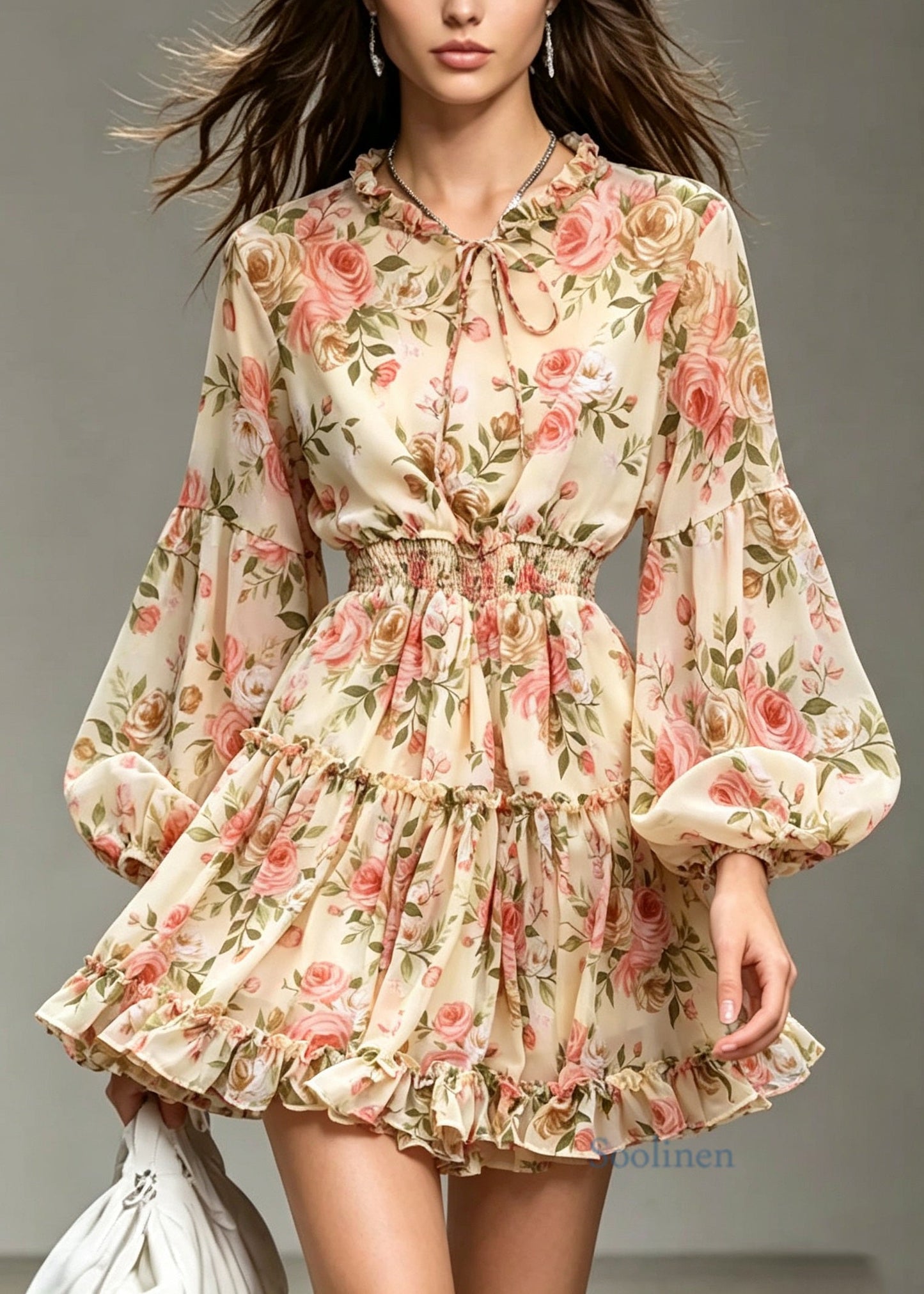 Style Apricot Ruffled Print Patchwork Chiffon Dresses Lantern Sleeve