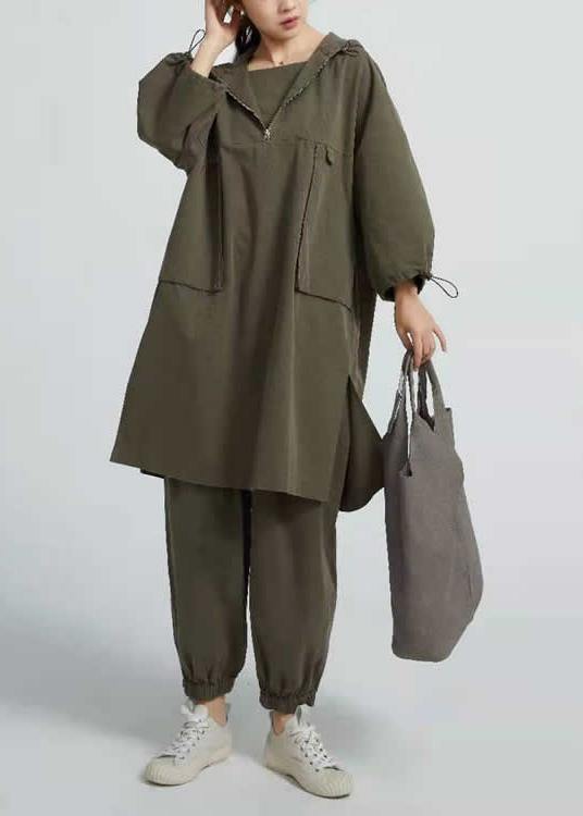 Style Arm Green Cotton Blouses For Women Side Open  Short Hooded  Long Blouse - SooLinen