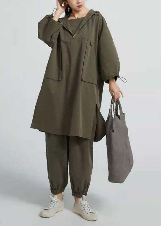 Style Arm Green Cotton Blouses For Women Side Open  Short Hooded  Long Blouse - SooLinen