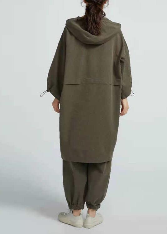 Style Arm Green Cotton Blouses For Women Side Open  Short Hooded  Long Blouse - SooLinen