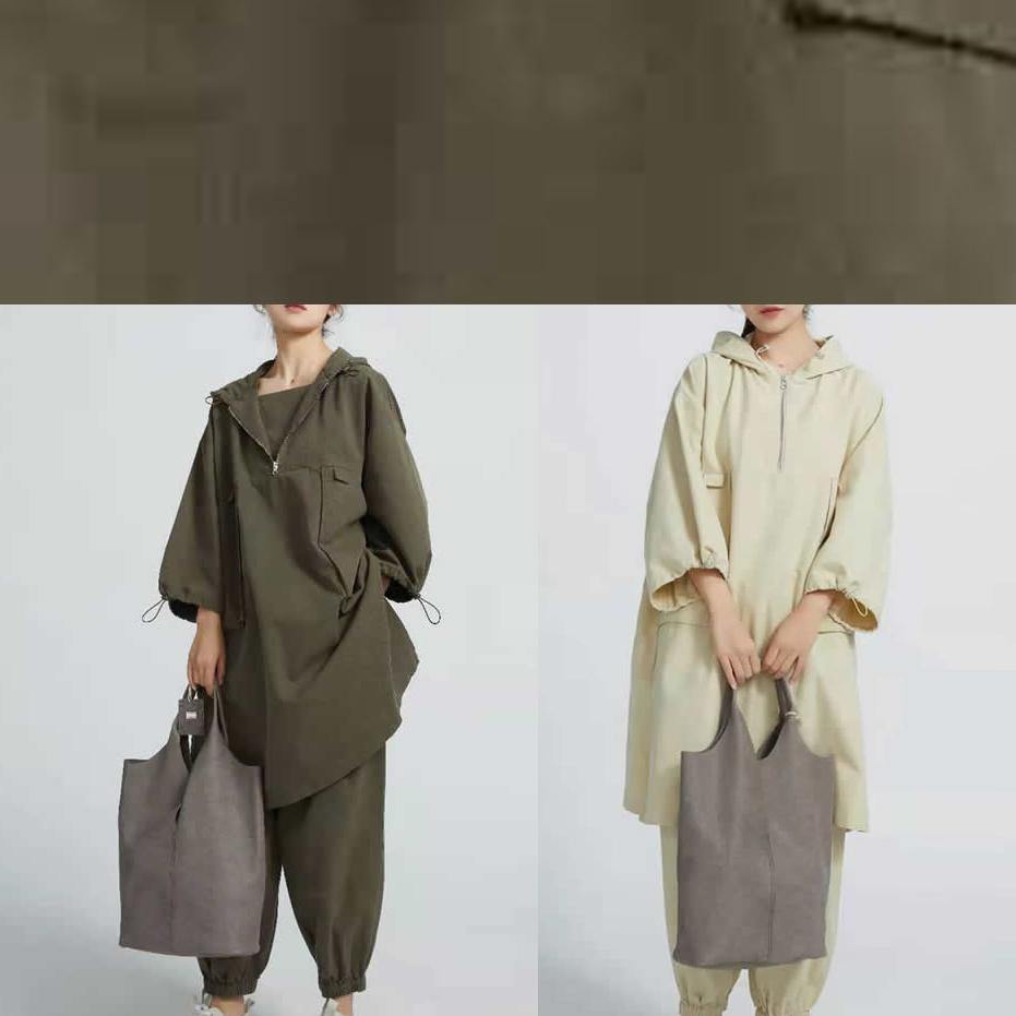 Style Arm Green Cotton Blouses For Women Side Open  Short Hooded  Long Blouse - SooLinen