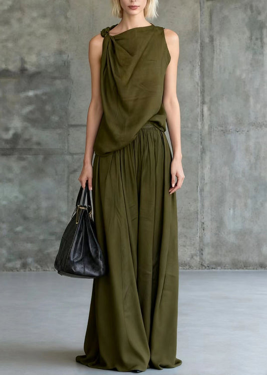 Style Army Green One Shoulder Knotted Cotton Two Piece Set Sleeveless