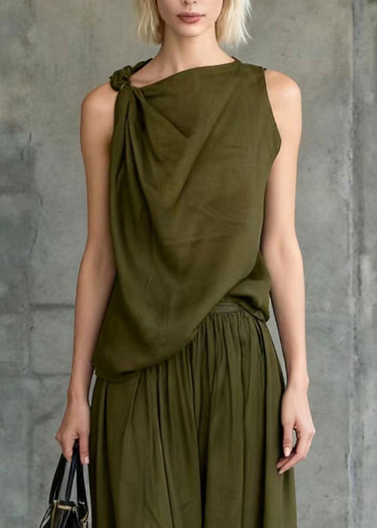 Style Army Green One Shoulder Knotted Cotton Two Piece Set Sleeveless