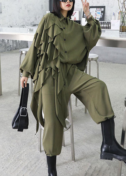 Stil: Armeegrün, asymmetrisches Design, gerüschte Taschen, weites Bein, 2-teiliges Herbst-Outfit