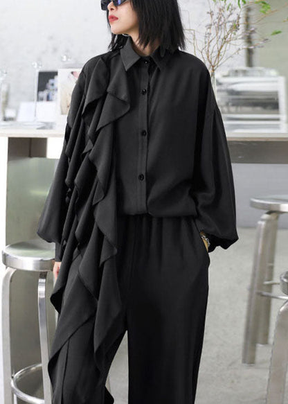 Stil: Armeegrün, asymmetrisches Design, gerüschte Taschen, weites Bein, 2-teiliges Herbst-Outfit