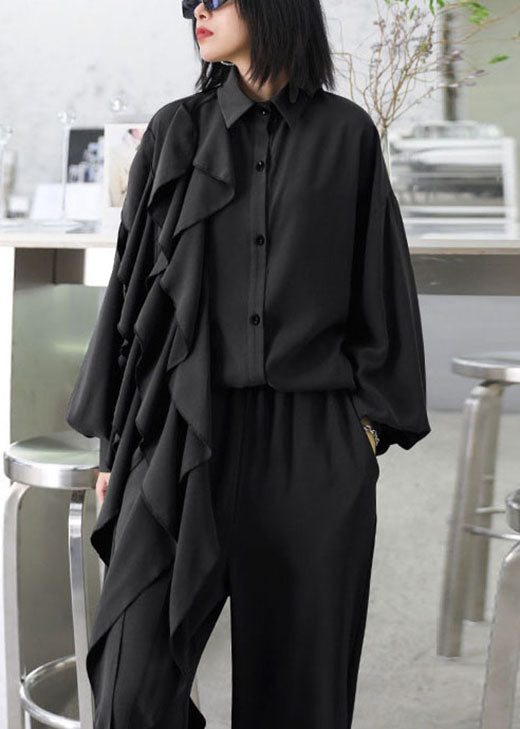 Stil: Armeegrün, asymmetrisches Design, gerüschte Taschen, weites Bein, 2-teiliges Herbst-Outfit