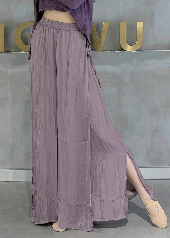 Beigefarbene Baumwollhose mit elastischem Bund, seitlichem Schlitz und weitem Bein, Frühlingsstil