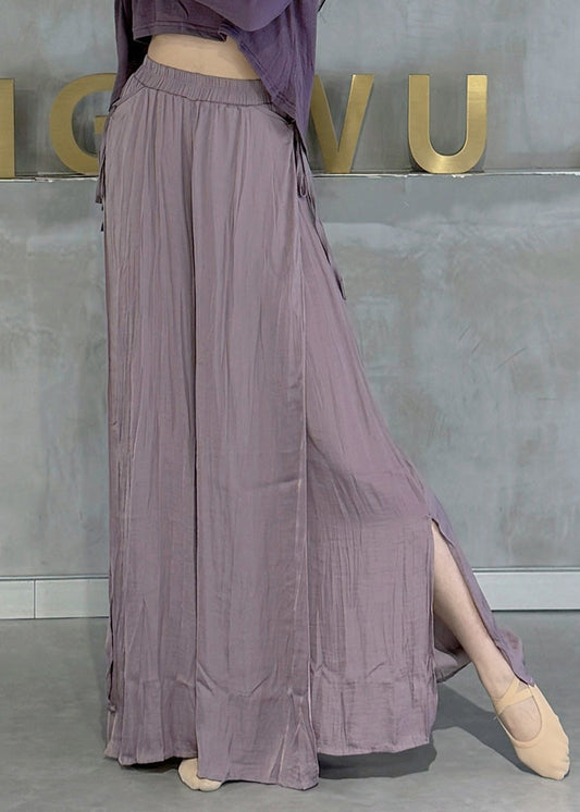 Beigefarbene Baumwollhose mit elastischem Bund, seitlichem Schlitz und weitem Bein, Frühlingsstil