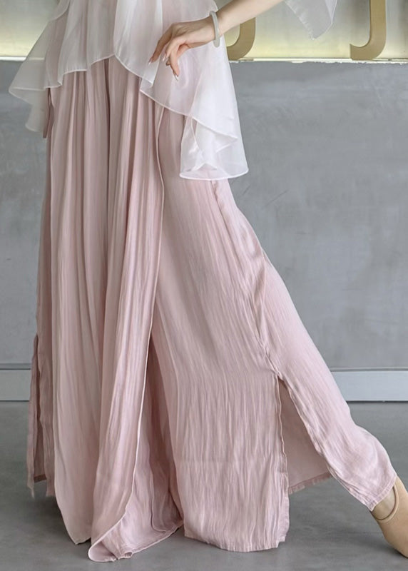 Beigefarbene Baumwollhose mit elastischem Bund, seitlichem Schlitz und weitem Bein, Frühlingsstil