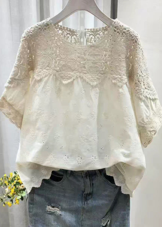 Style Beige O-Neck Hollow Out Tops Summer