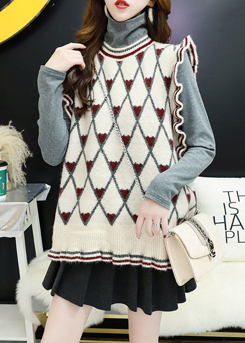 Style Beige O-Ausschnitt Rüschen Plaid Herbst Strickweste