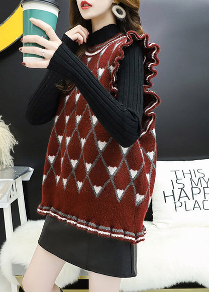 Style Beige O-Ausschnitt Rüschen Plaid Herbst Strickweste