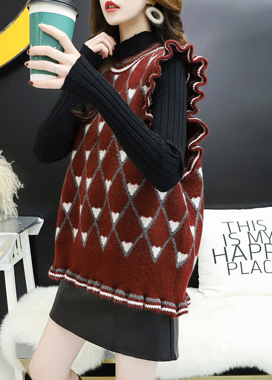 Style Beige O-Ausschnitt Rüschen Plaid Herbst Strickweste