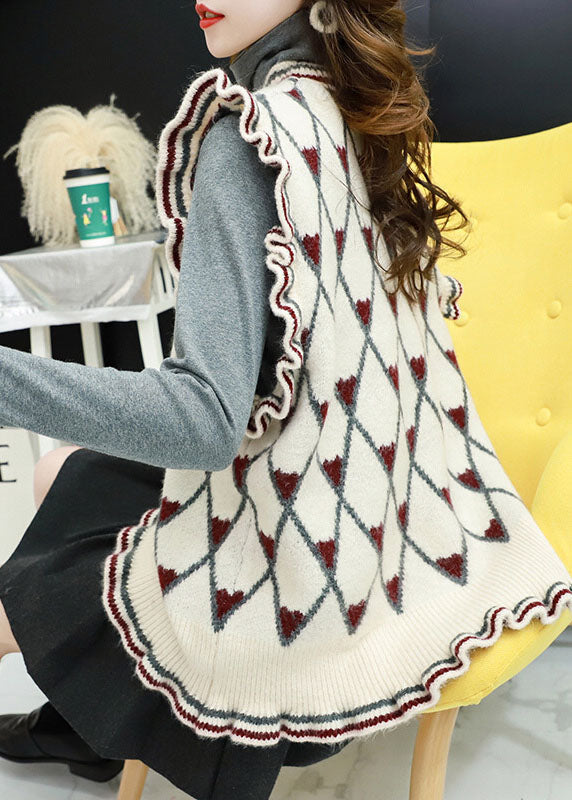 Style Beige O-Ausschnitt Rüschen Plaid Herbst Strickweste