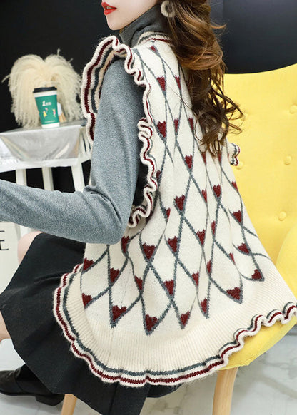 Style Beige O-Ausschnitt Rüschen Plaid Herbst Strickweste