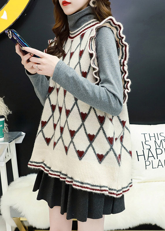 Style Beige O-Ausschnitt Rüschen Plaid Herbst Strickweste