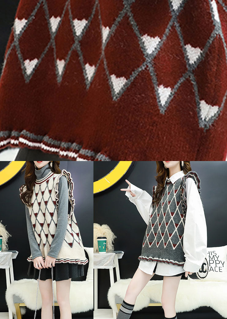 Style Beige O-Ausschnitt Rüschen Plaid Herbst Strickweste