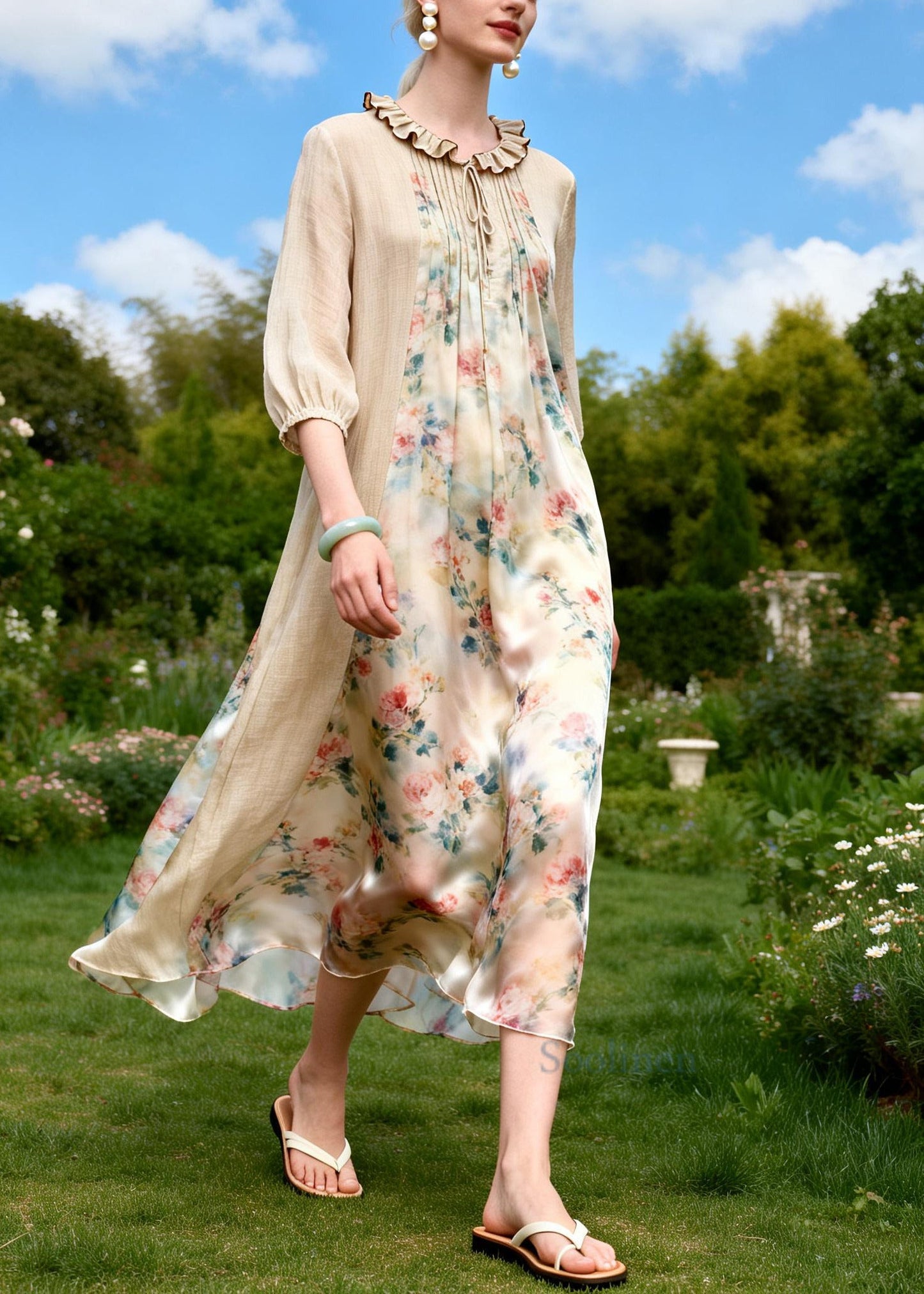 Style Beige Ruffled Patchwork Print Chiffon Long Dresses Summer
