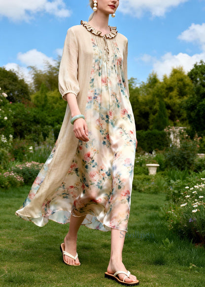 Style Beige Ruffled Patchwork Print Chiffon Long Dresses Summer