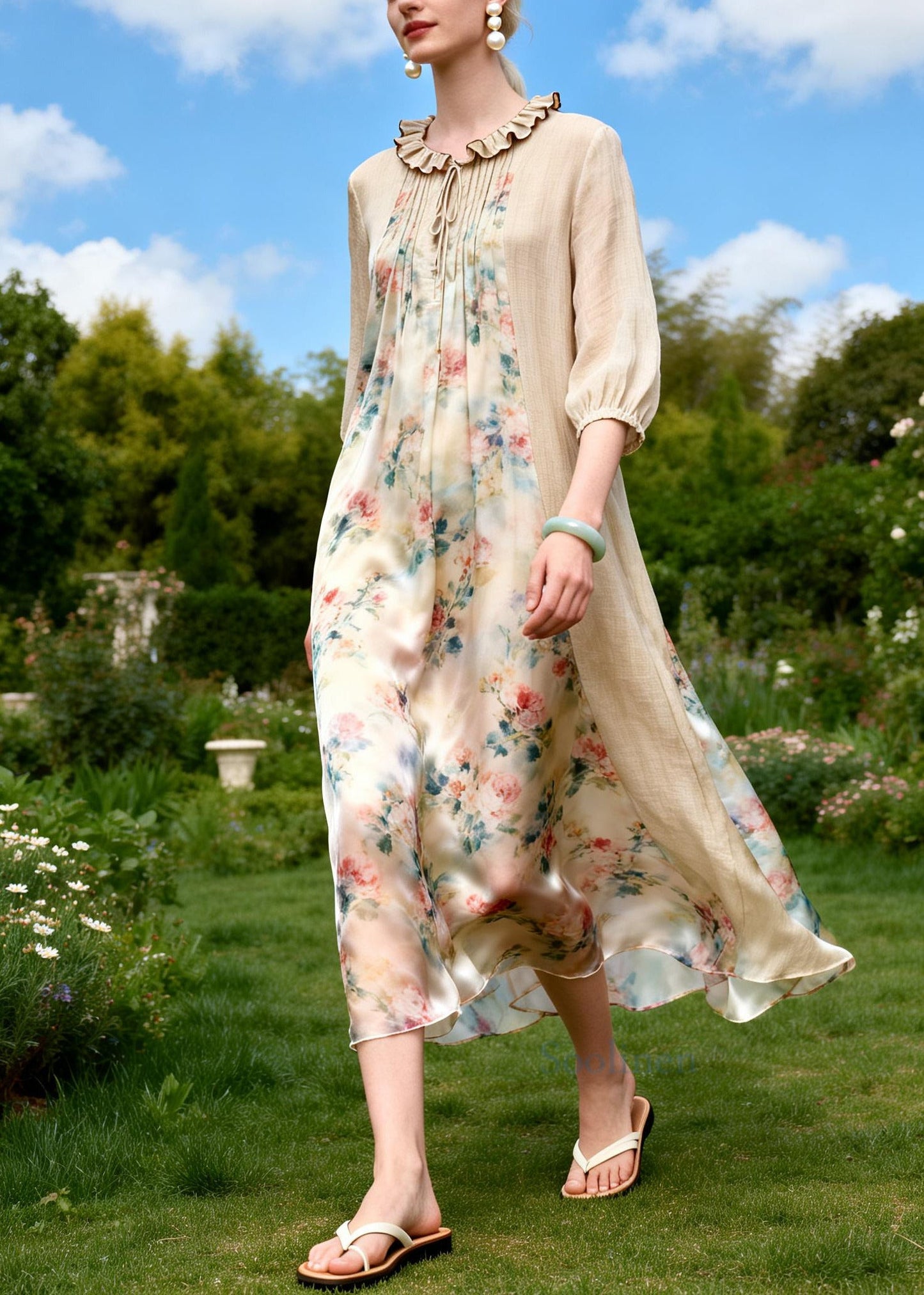 Style Beige Ruffled Patchwork Print Chiffon Long Dresses Summer
