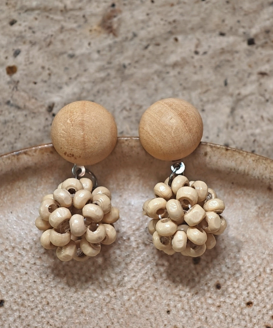 Style Beige Sterling Silver Wood Weaving Drop Earrings