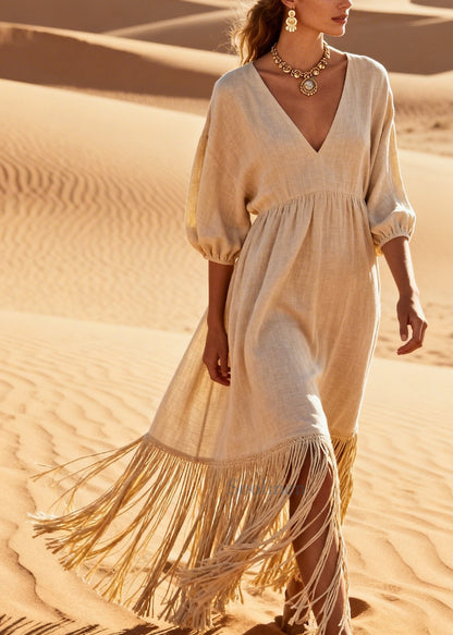 Style Beige Tasseled Oversized Linen Long Dresses Summer