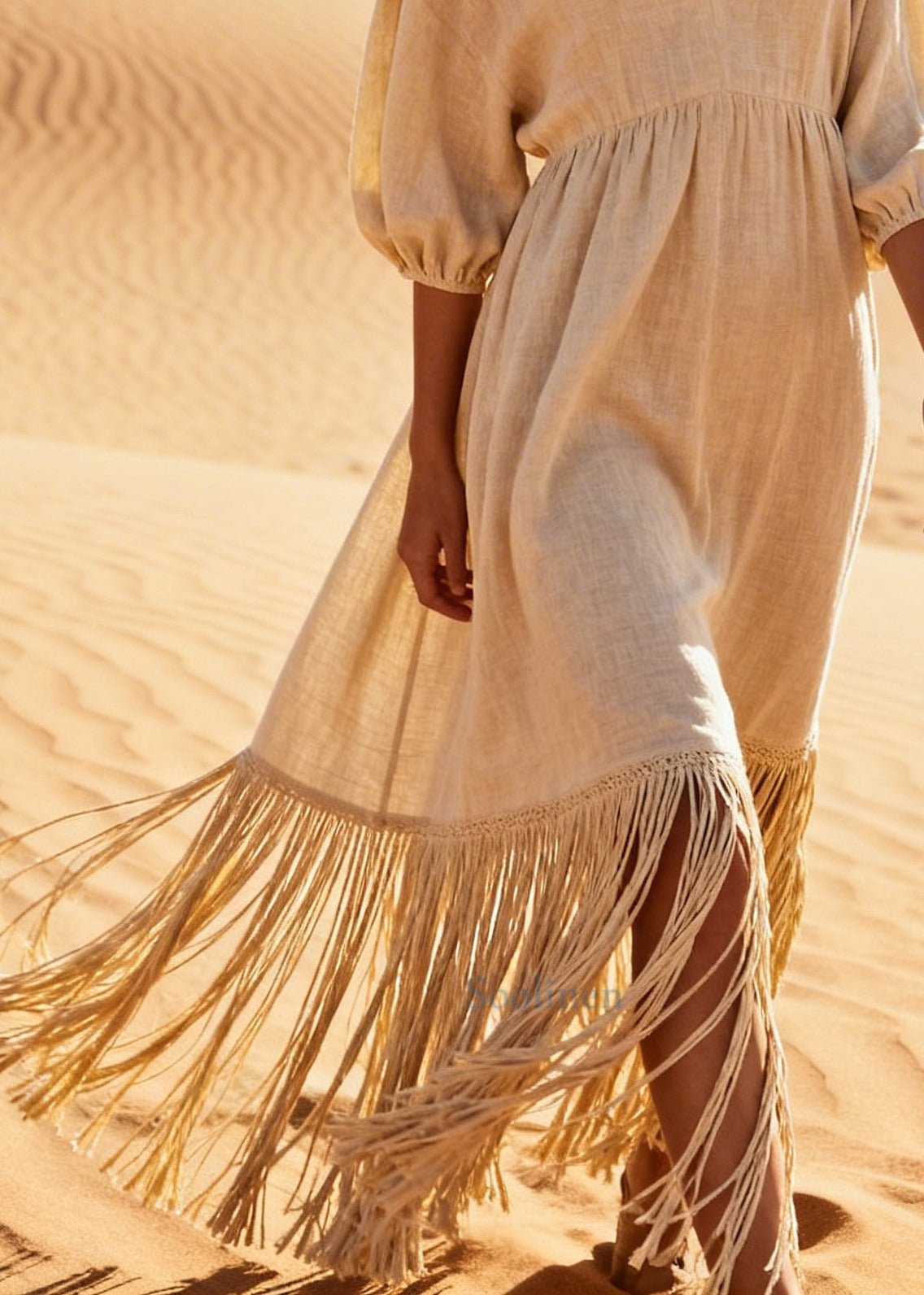 Style Beige Tasseled Oversized Linen Long Dresses Summer