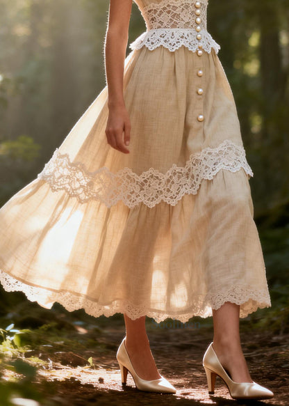 Style Beige V Neck Patchwork Fine Pearl Cotton Spaghetti Strap Dress Summer