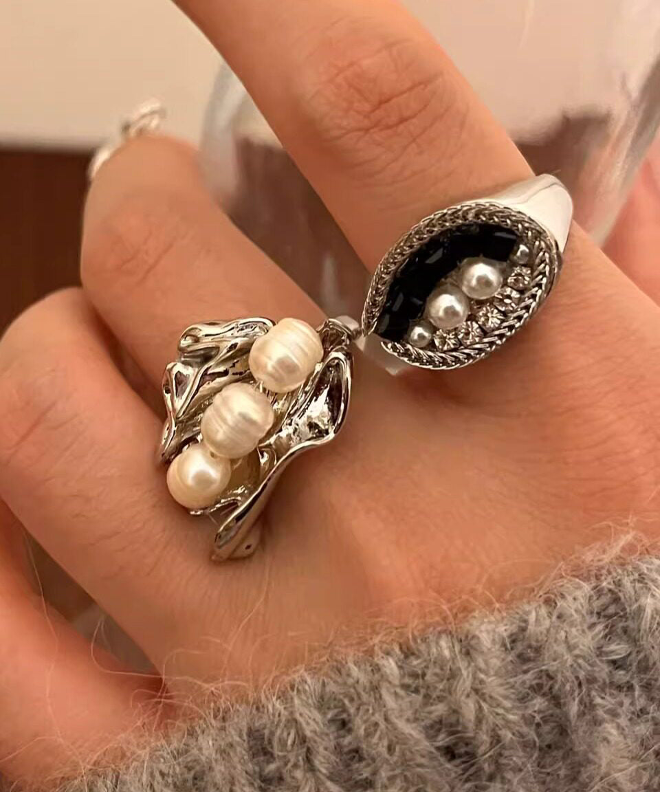 Style Black Alloy Zircon Pearl Tiger's Eye Open Rings