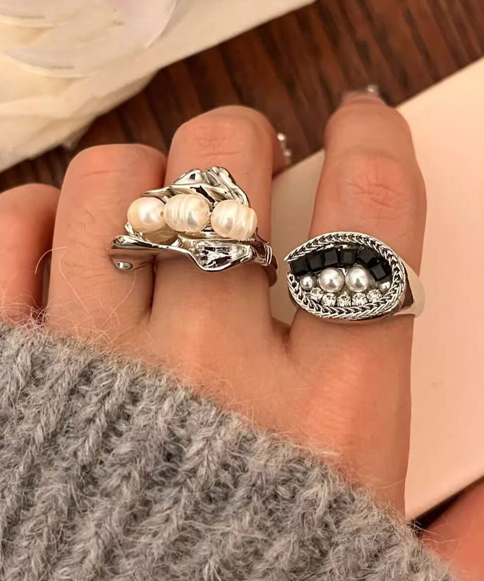 Style Black Alloy Zircon Pearl Tiger's Eye Open Rings