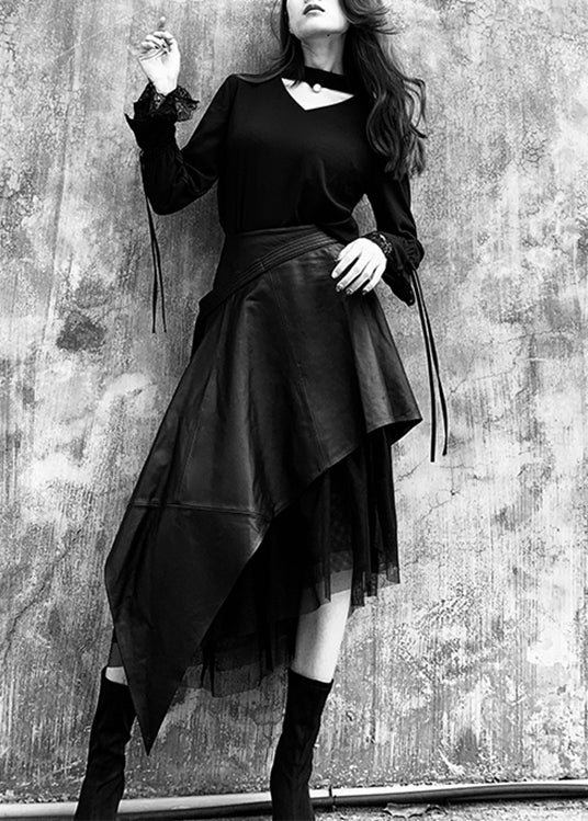 Stil Schwarz Asymmetrische Kunstleder Patchwork Tüll Rock Frühling