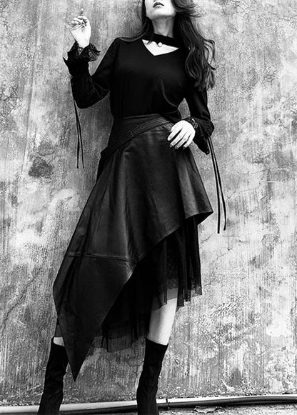 Stil Schwarz Asymmetrische Kunstleder Patchwork Tüll Rock Frühling
