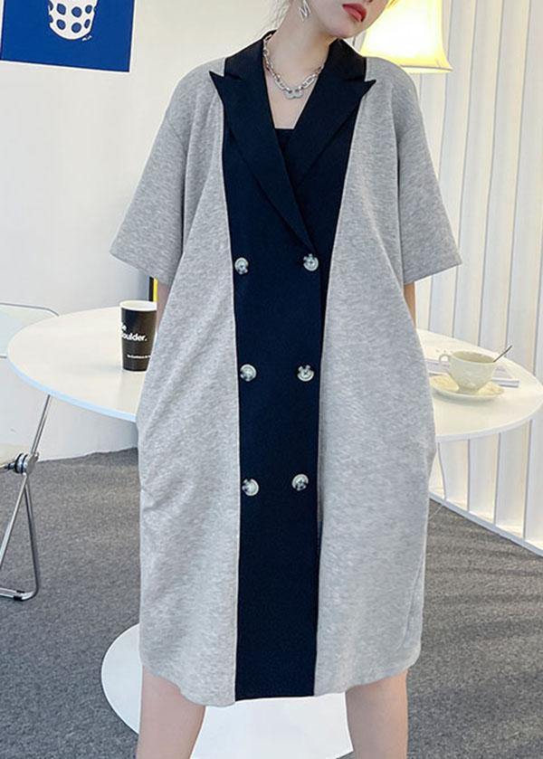 Style Black Button Patchwork Summer Short Sleeve Dress - SooLinen