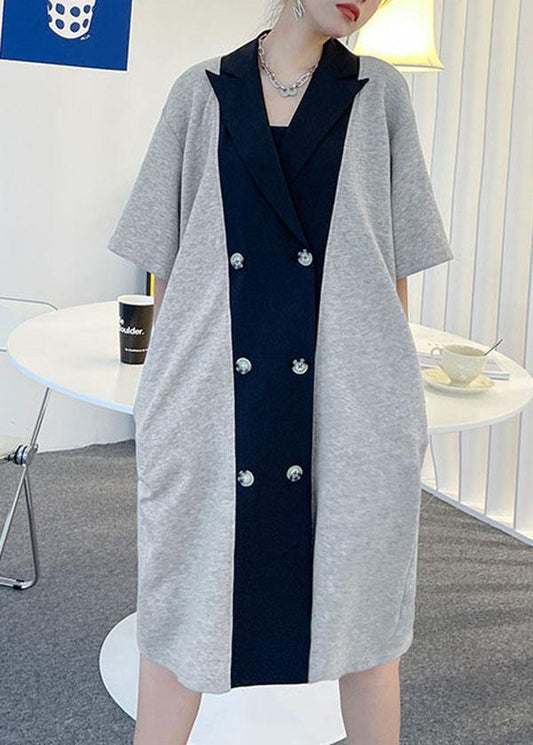 Style Black Button Patchwork Summer Short Sleeve Dress - SooLinen