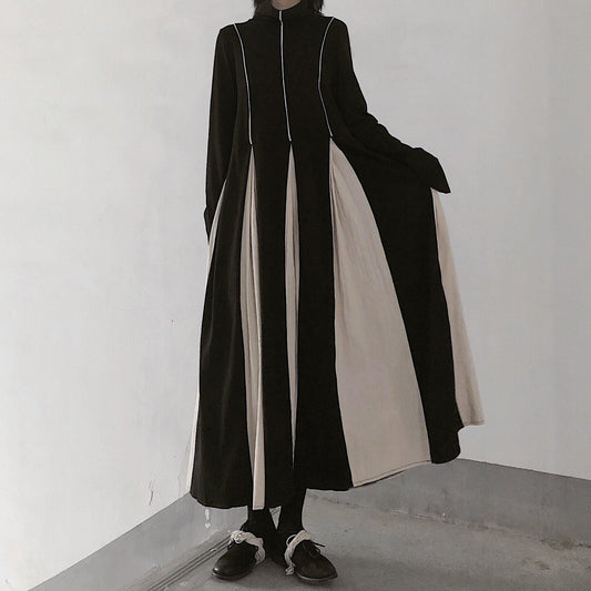Style Black Clothes For Women High Neck Patchwork A Line Dresses - SooLinen