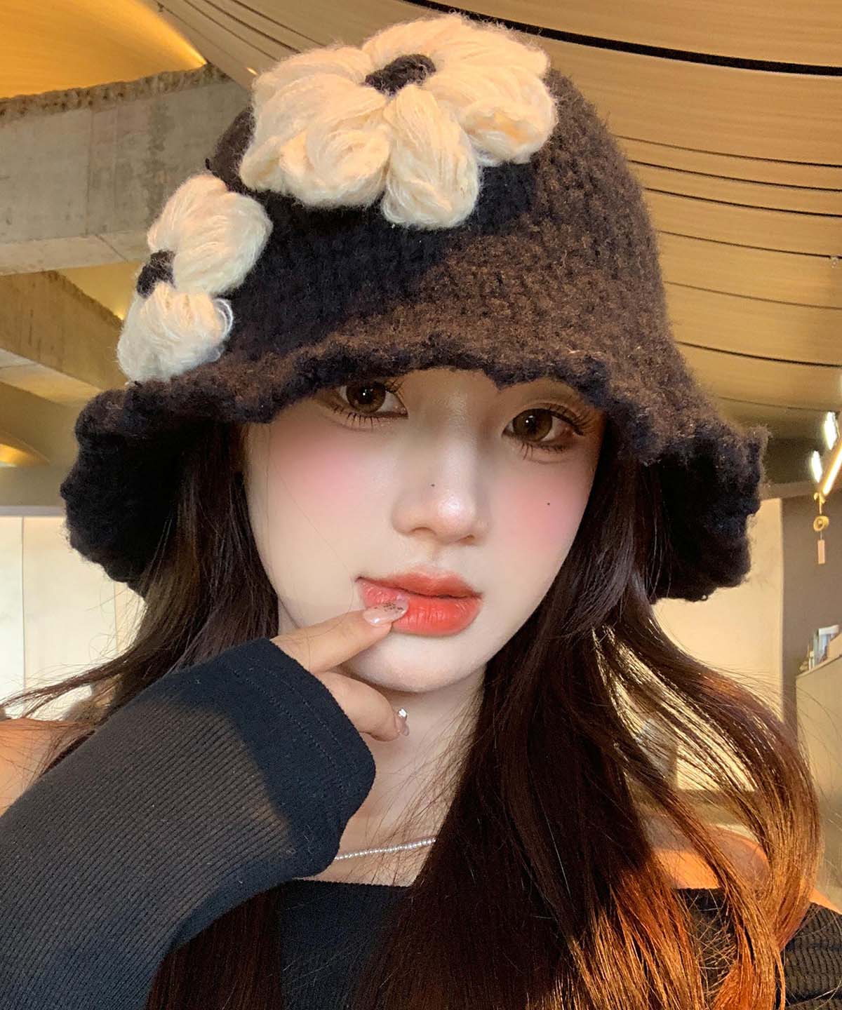 Style Black Cozy Warm Floral Knit Bucket Hat