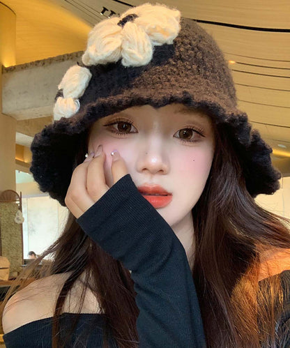 Style Black Cozy Warm Floral Knit Bucket Hat