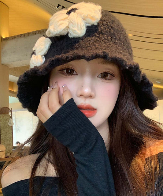 Style Black Cozy Warm Floral Knit Bucket Hat