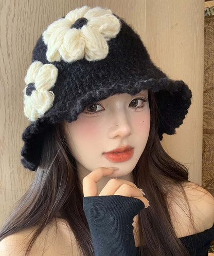 Style Black Cozy Warm Floral Knit Bucket Hat