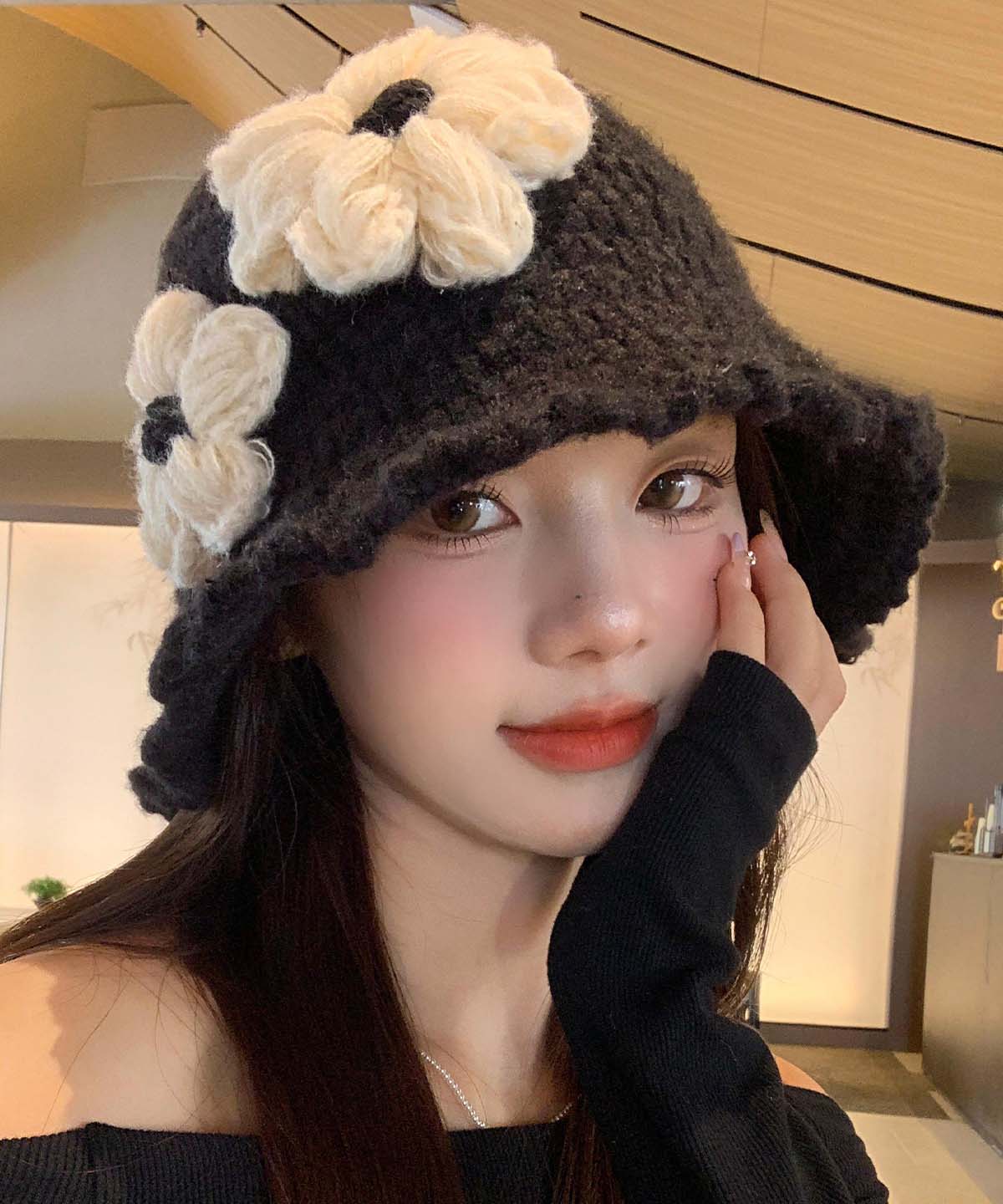 Style Black Cozy Warm Floral Knit Bucket Hat