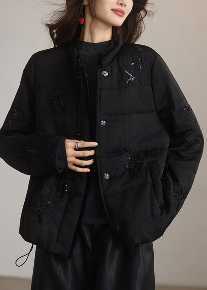 Style Black Embroidered Jacquard Fine Cotton Filled Puffers Jackets Winter