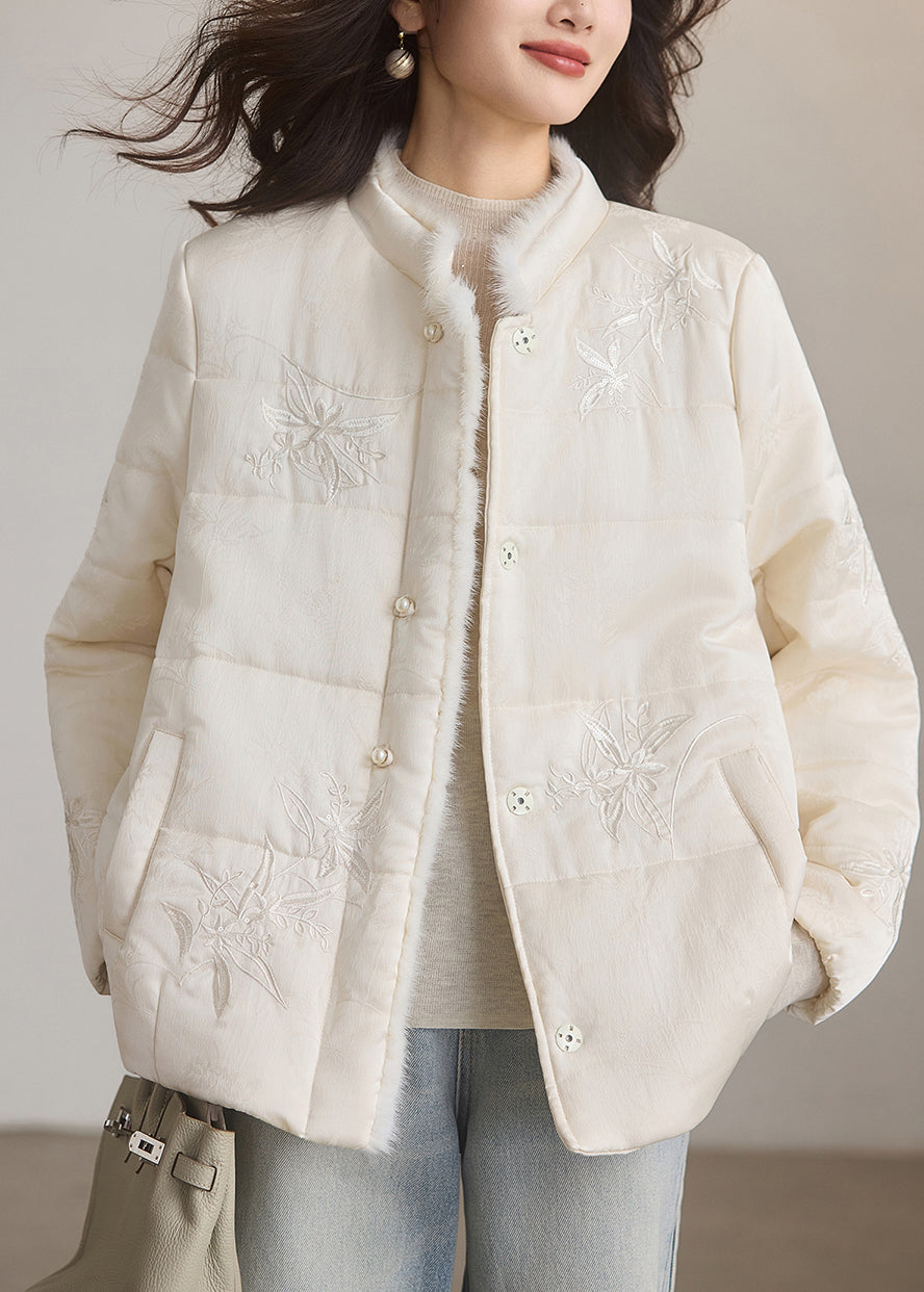 Style Black Embroidered Jacquard Fine Cotton Filled Puffers Jackets Winter